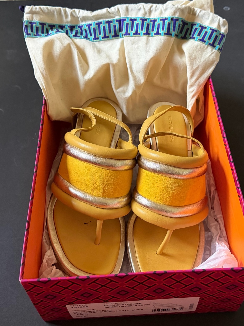 Tory Burch Yellow Suede Wedge Sandal with Gold Accents